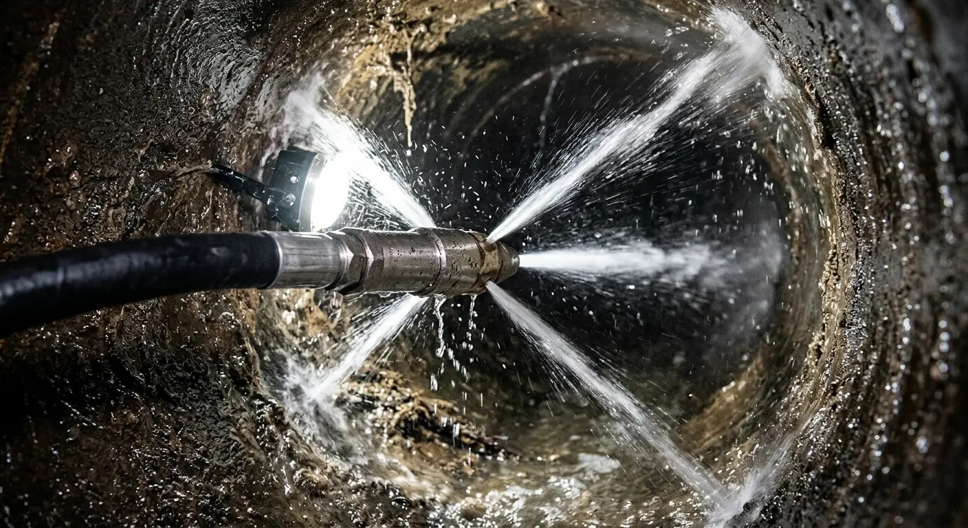 High-pressure hydro jetting nozzle cleaning sewer pipe for Trenchless Sewer Repair in Southern Pines