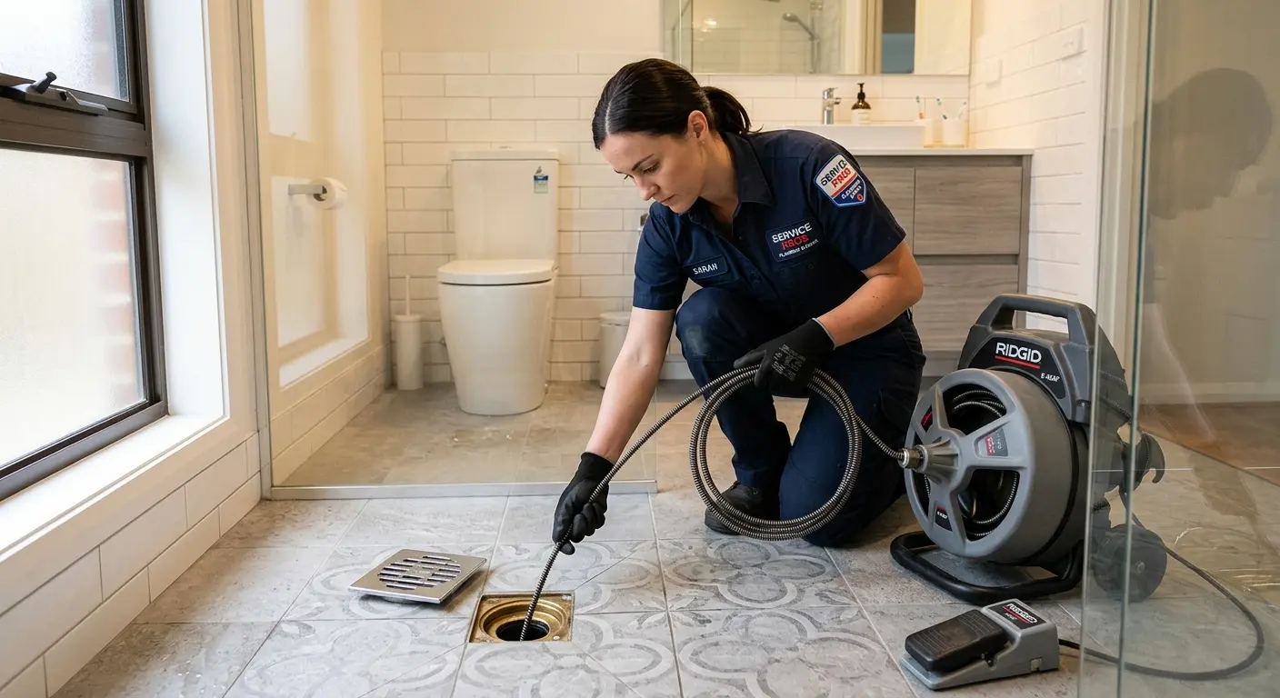 Technician clearing a bathroom floor drain for Clogged Drain Repair in Southern Pines
